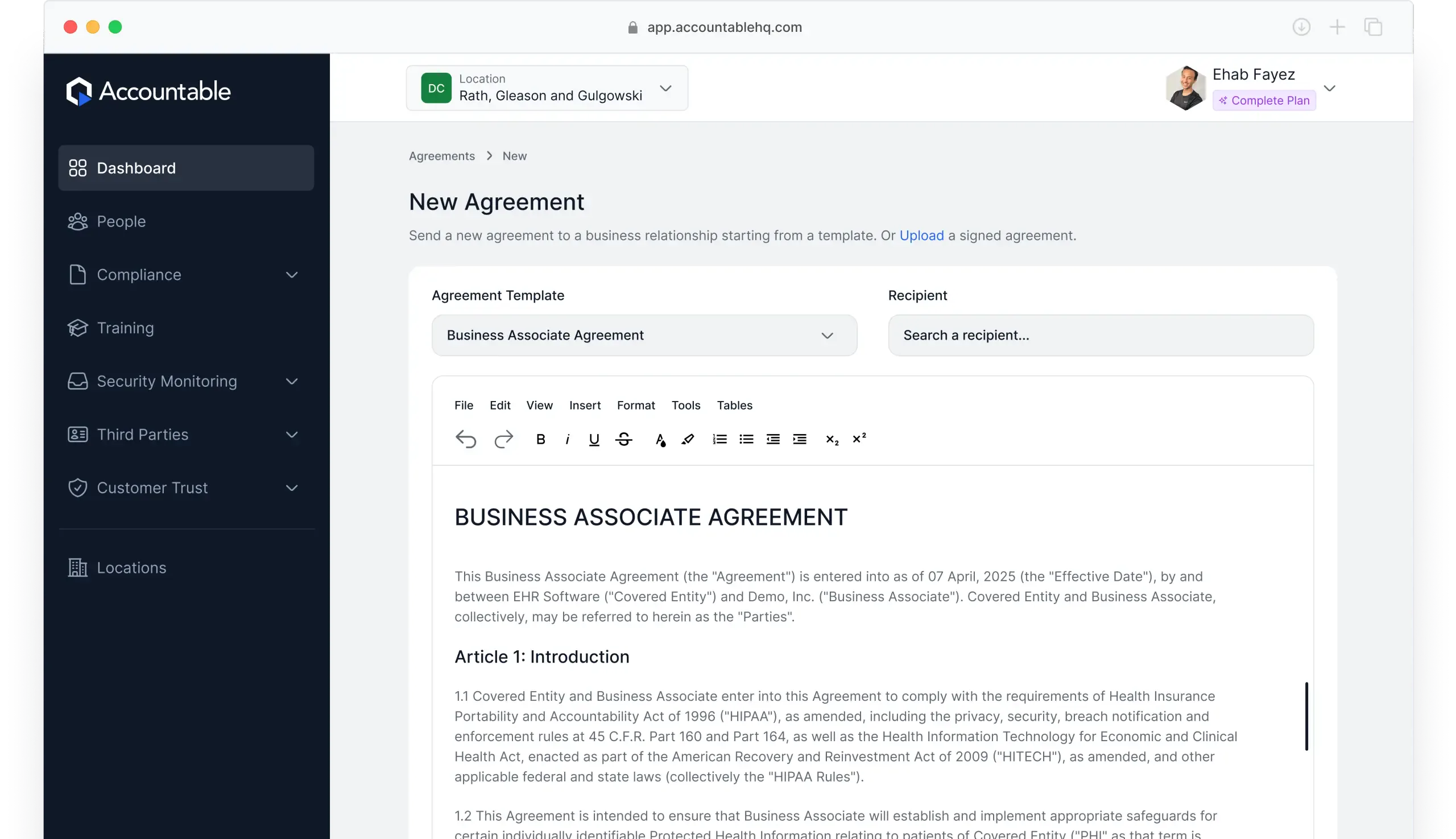 Business Associate Agreement Management System