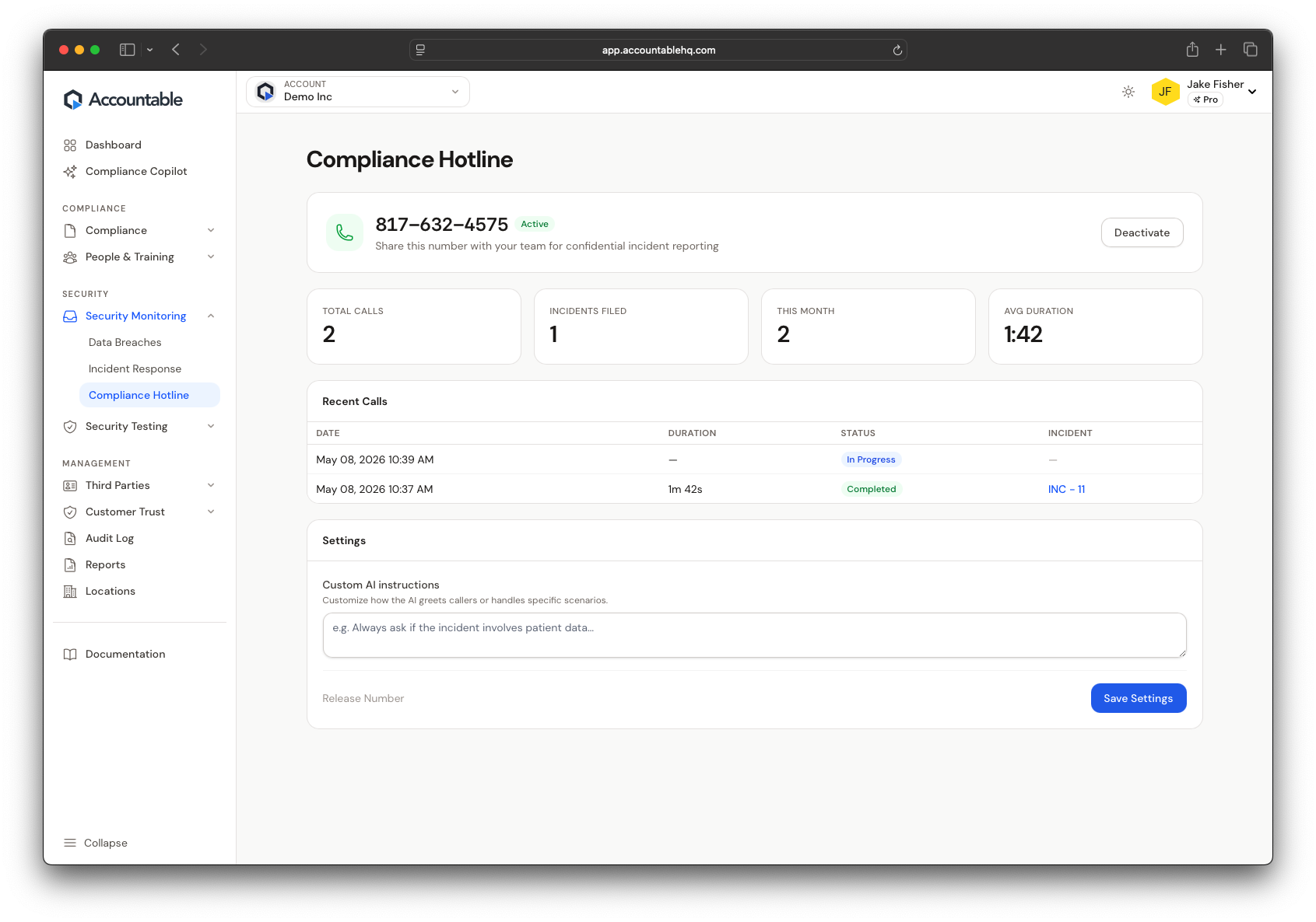Compliance Hotline dashboard showing phone number, call stats, recent calls, and AI settings