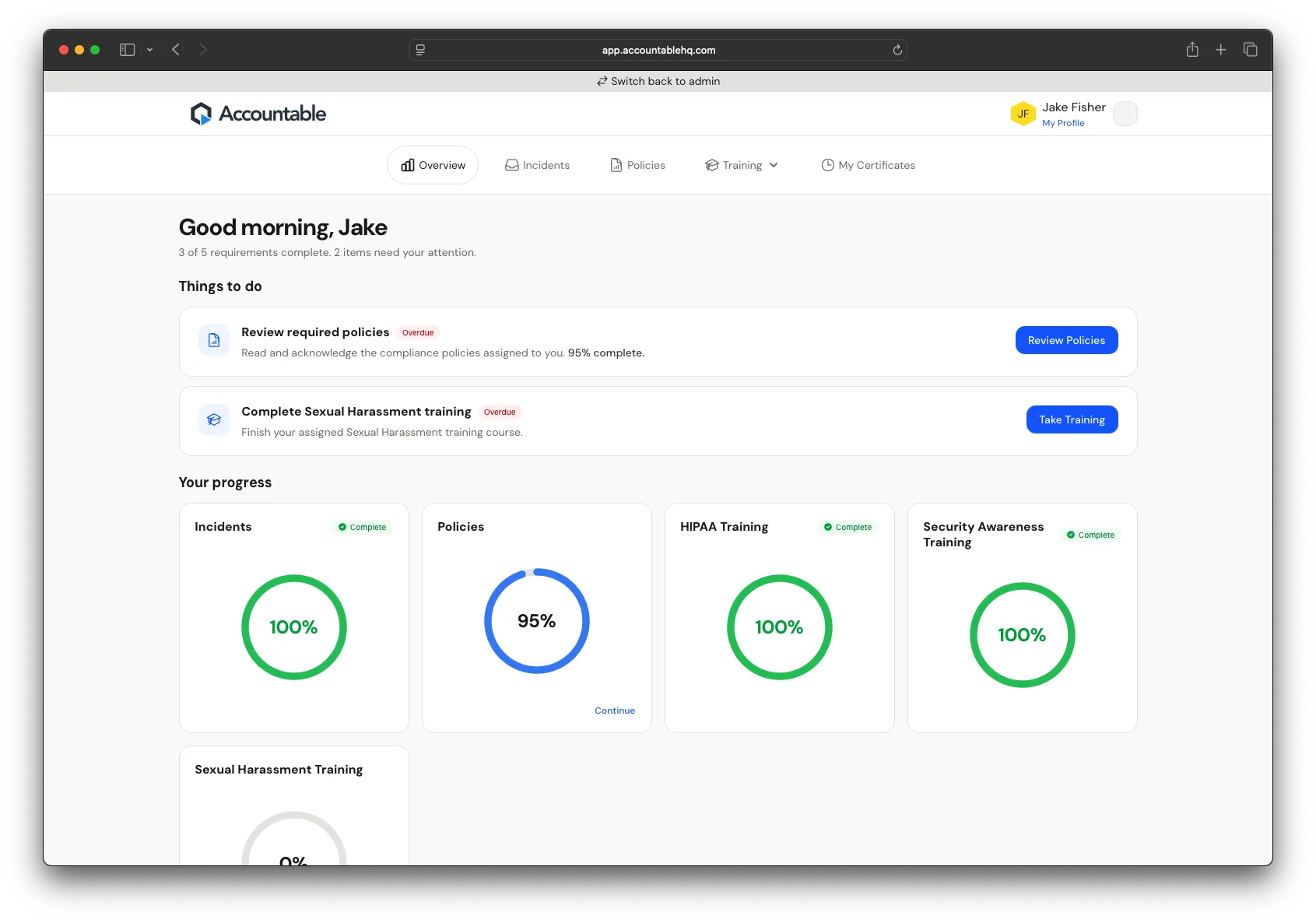 Employee learning management dashboard showing assigned training, completion percentages, and upcoming due dates