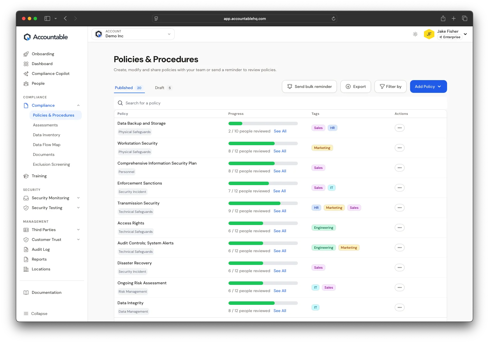 Policy management dashboard inside Accountable showing all policies grouped by category and their publication status