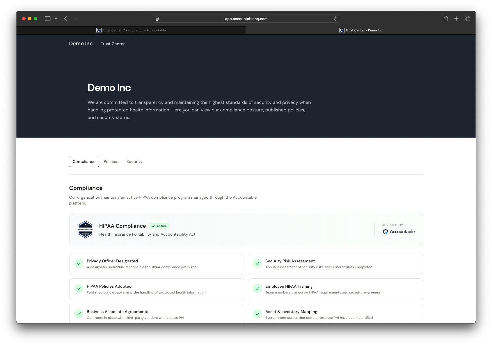Public-facing Trust Center page showing overall compliance score and active compliance items